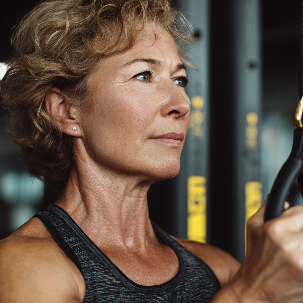 Smiling elderly European woman practicing gravity-based fitness exercises in a bright studio