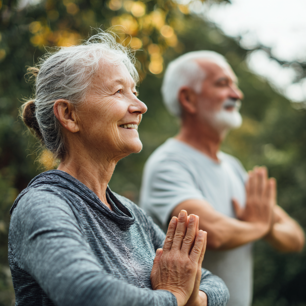 Happy elderly European man demonstrating low-impact gravity fitness movements in a peaceful gym environment