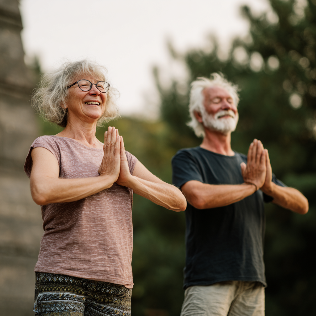 Elderly European couple practicing balance and posture exercises together in a modern fitness studio